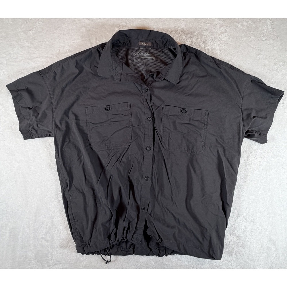 Eddie Bauer Shirt Women's Sz L Black Short Sleeve Button-Up Cinch-Waist Top